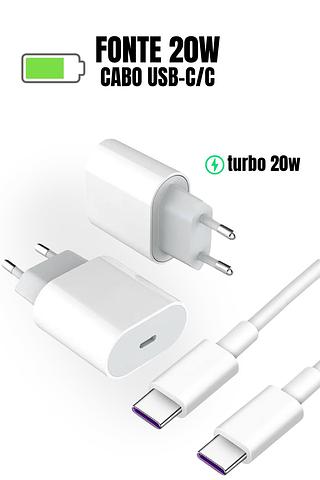 Kit fonte e cabo carregador USB-C/C 20w turbo