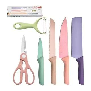 Kit Conjunto de Facas Coloridas 6 peças Aço Inox Com tesoura e descascador
